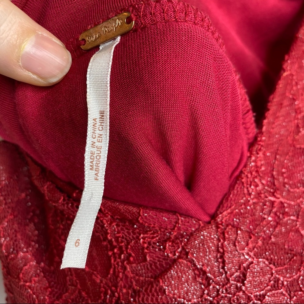 Free People Red ❤️ Lace V-neck Dress with Shimmer - Picture 9 of 13